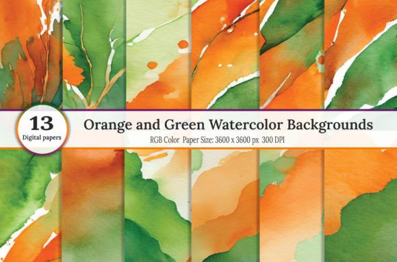 Orange and Green Watercolor Backgrounds for Vibrant Designs